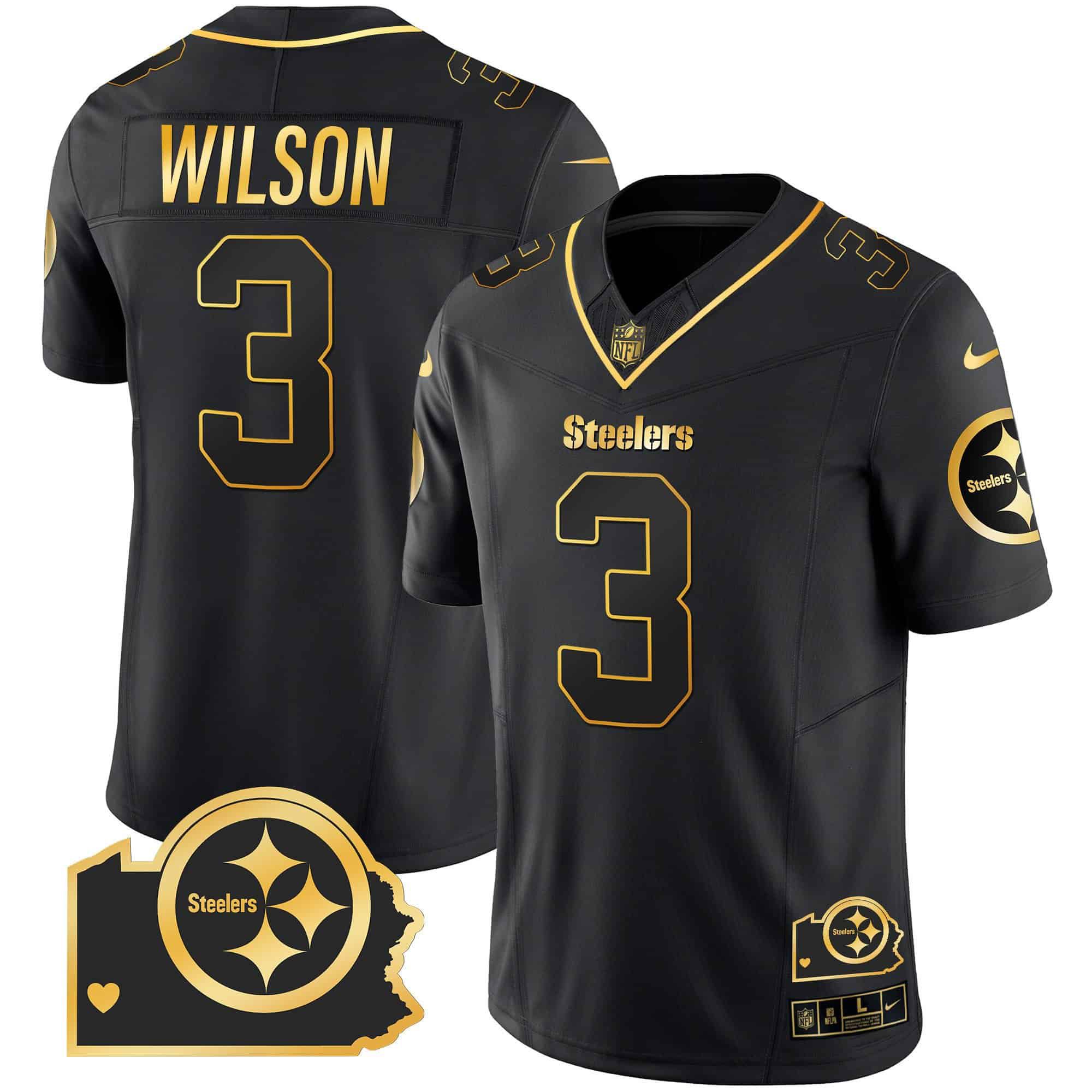 Men Pittsburgh Steelers 3 Wilson Black Gold 2024 Nike Home Patch Vapor Limited NFL Jersey style 2